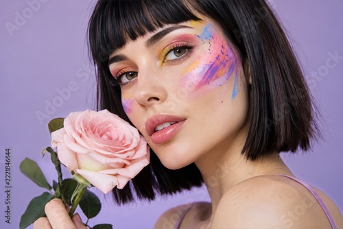 Woman with colorful artistic makeup holding a pink rose in beauty portrait