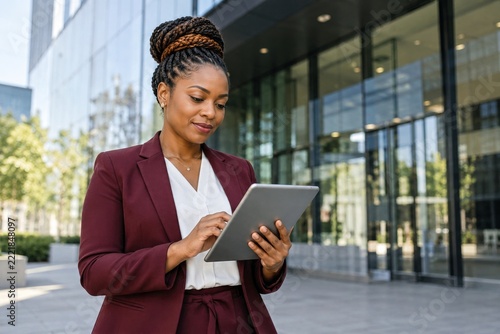 Confident businesswoman using a tablet outside a modern business building
