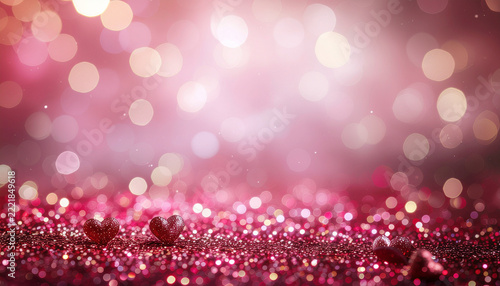 Soft Pink Heart Bokeh on Crimson Background