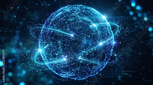 Digital Globe and Global Network Technology Vector Graphic Featuring Glowing Data Sphere Connectivity and Cyber Waves   
