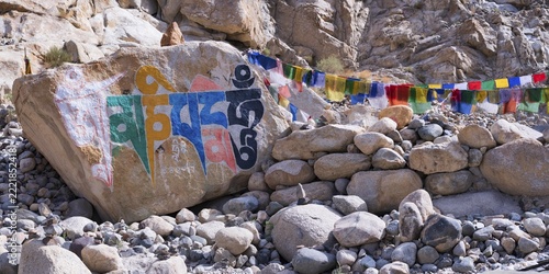 Mani stones with the engraved Tibetan mantra Om Mani Padme Hum, Nubra Valley, Ladakh, Jammu and Kashmir, India