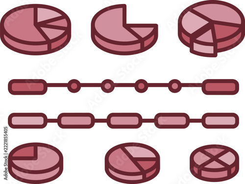 Isolated flat design icons set of pie charts progress bars and chain