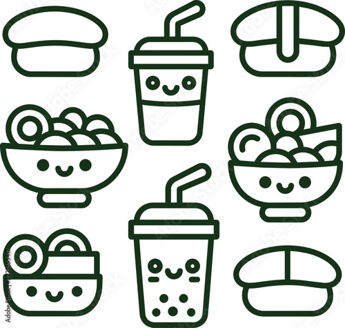 Cute cartoon food and drink icons set for menus apps social media