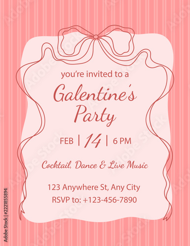 Galentines Party invitation template with pink bow ribbon and striped background.