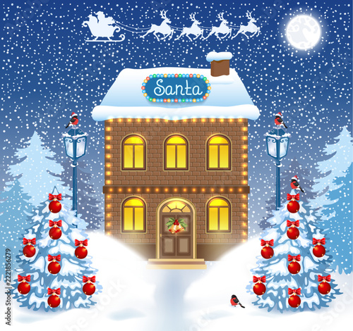 Christmas card against winter forest background.