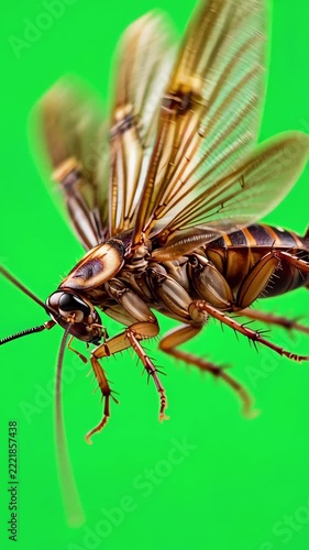 Macro shot of a realistic cockroach flying across a bright green screen background with rapid wing movement and detailed insect textures