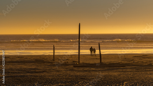 Couple strolling on beach at sunset