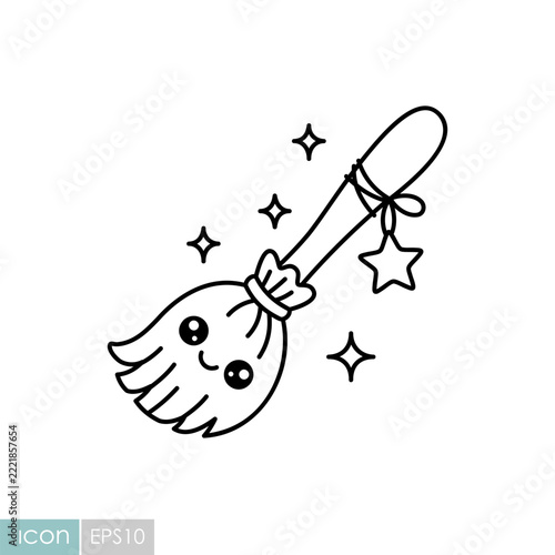 Cute witch broom Halloween kawaii icon