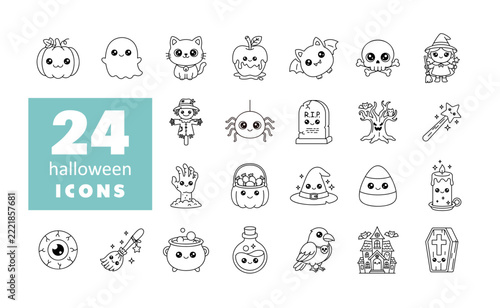 Cute Halloween line icons set kawaii