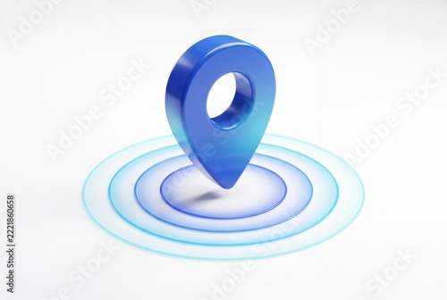 Blue Map Pin Icon with Radar Signal Waves for Location Tracking and Navigation
