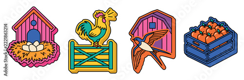 Colorful farm sticker icons set featuring rooster, barn with bird, chicken coop with eggs, and crate of apples in pop art vector illustration style