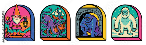 Mythical fantasy creature sticker collection featuring gnome kraken troll and yeti in bold colorful retro pop art style