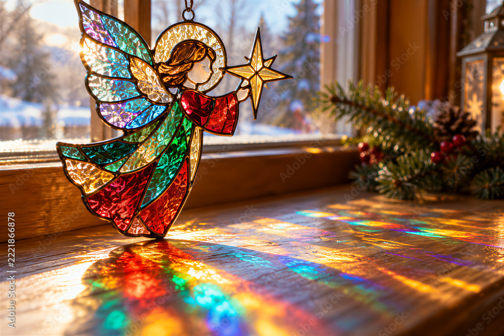Fototapeta premium Stained glass angel ornament hanging on window sill, colorful light reflections on wooden surface, winter scenery outside. Christmas decoration, holiday season, festive atmosphere.