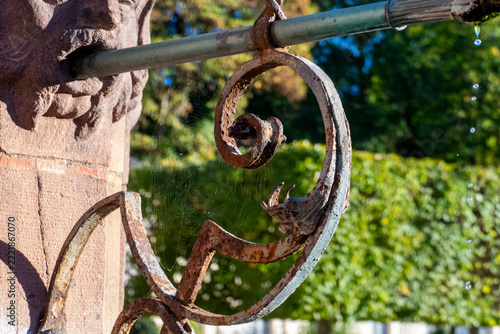 Spinnennetz an einem alten, verosteten Ornament am Geländer