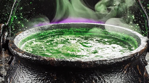 Glowing Green Potion Bubbling in a Dark Witch's Cauldron