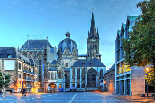 Aachen Cathedral from the Katschhof at twilight, Germany