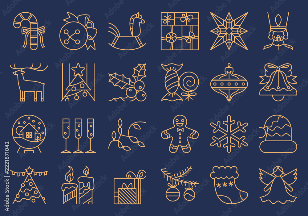 Fototapeta premium Christmas Icons Set Line Art