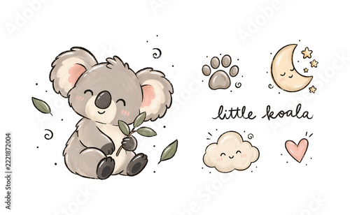 Photography Cute Baby Koala Nursery Clipart Set with Moon, Stars, Sun, Rainbow, Clouds and Hand Lettering