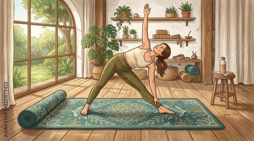 Woman practicing triangle yoga pose in a sunlit home studio.