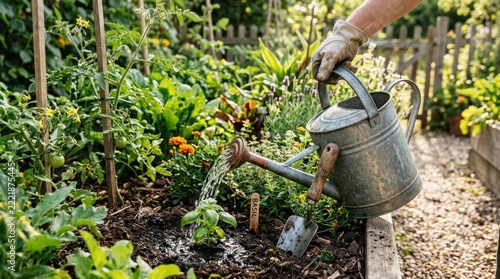 A gardener using a vintage metal watering can to water plants in a sunny vegetable garden.