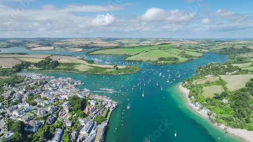 Salcombe and Mill Bay over Kingsbridge Estuary from a drone, Batson Creek, Southpool Creek, Devon, England, United Kingdom