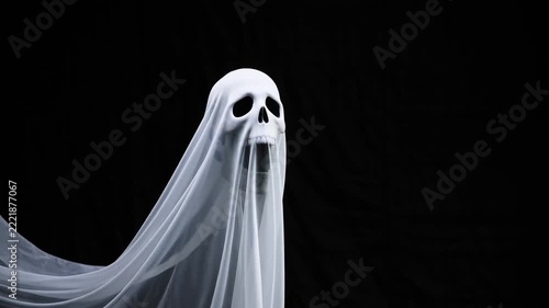 Terrifying ghost skull covered with white flowing fabric hovering in dark space
