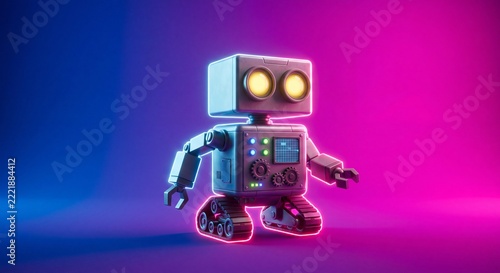 Small robotic toy with glowing yellow eyes standing against a vibrant blue with small mechanical robot tank treads illuminated eyes stands centered gradient purple blue surface