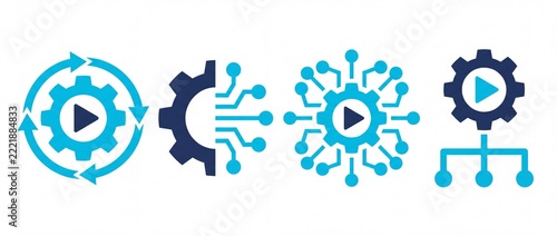 Set of four blue and dark blue icons representing digital media processing with Four minimalist icons featuring gear shapes play buttons network connectivity lines white background