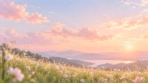 Dreamy Pastel Sunset over a Mountain Lake with Wildflowers in a Meadow