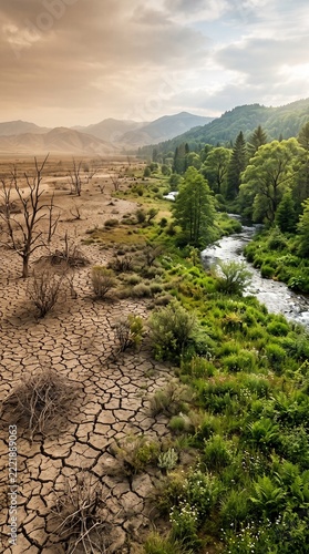 Dramatic contrast between a dried cracked earth landscape and a lush green river bank.