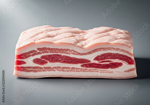 Macro view of a raw pork belly slab displaying distinct layers of pink muscle and thick white fat, showcasing fresh texture and marbling, food, preparation, natural