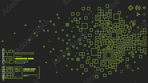 Digital data stream matrix with abstract green pixelated blocks on dark black background.