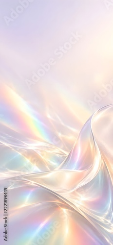 Fondo de cristal nacarado, reflejos pastel y la parte superior despejada con espacio negativo.