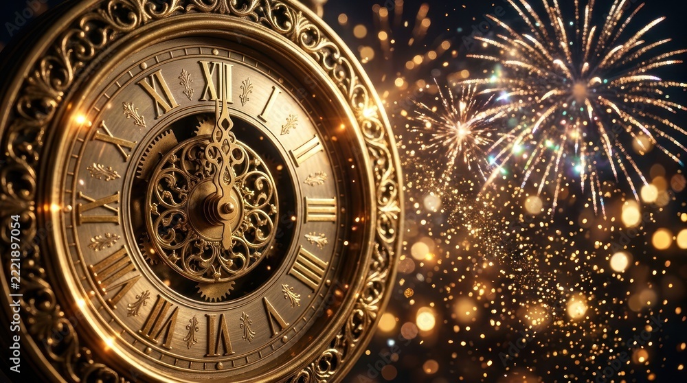 Obraz premium Ornate clock face with Roman numerals against festive fireworks and bokeh lights backdrop