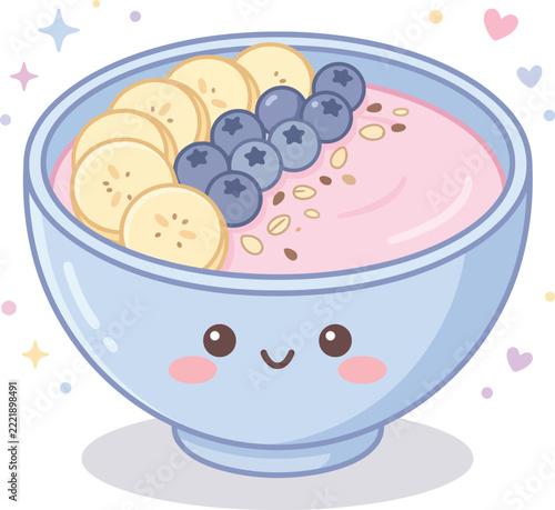 cartoon bowl with yogurt banana and blueberries for healthy breakfast