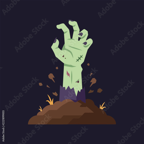 green zombie hand emerging from a grave for halloween horror design