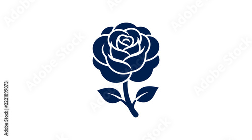 Blue rose flower logo and floral icon. Elegant plant blossom symbol with stem and leaves. Dark navy blue graphic shape on white background for branding and botanical design projects