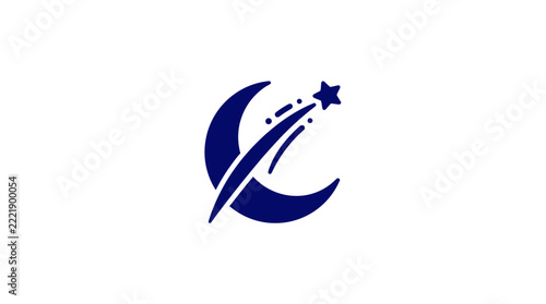 Night sky and celestial body solid icon. Featuring a dark blue crescent moon and a shooting star with motion trails. Flat vector symbol for astronomy, weather, and sleep tracking apps