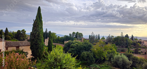 Cypress trees and historic Alhambra garden landscape
