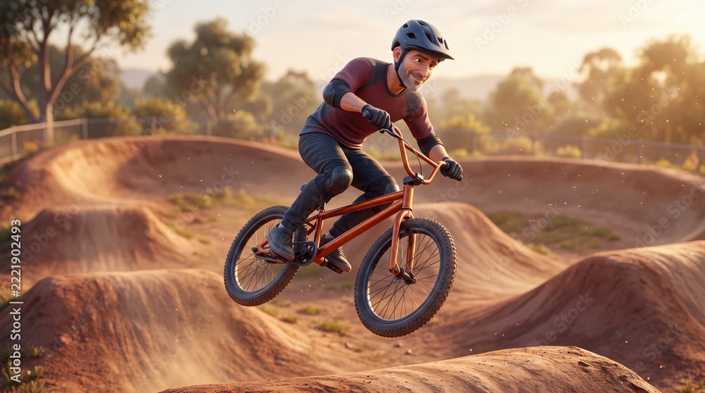 Naklejka premium Stylized 3D Mature Male Character Jumping BMX Bike Over Dirt Track