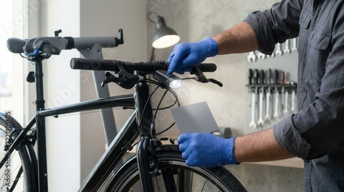 A mechanic works on a bicycle in a well-equipped workshop, showcasing attention to detail and the joy of cycling maintenance.