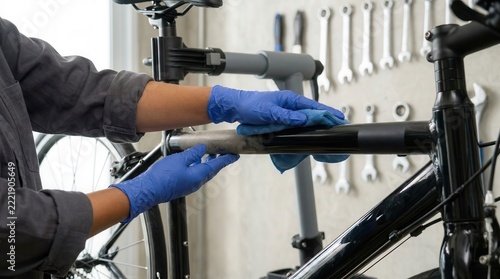 A person cleaning a bicycle frame with a cloth, wearing gloves. The background features tools for maintenance and repair.