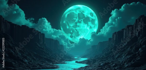 Dark fantasy, cyan moon over a dark canyon. Concept of music album covers, travel blogs, motivational posters, book covers, and fantasy art prints.