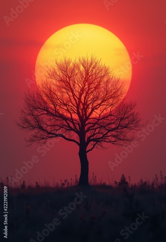 Silhouette tree, bare tree before a yellow sun in a red sky. Concept of art prints, poster shops, motivational posters, book covers, and meditation app marketing.