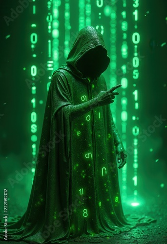 Hooded hacker, hooded figure pointing amid green code. Concept of IT security company websites, tech news websites, hacker awareness training, awareness training, and cybersecurity blogs.