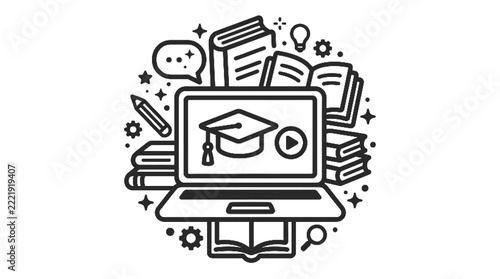 Online Education Concept Vector Illustration Featuring Laptop Graduation Cap Books and Learning Icons