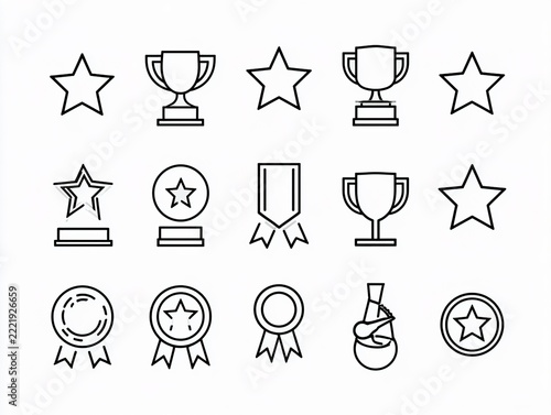 Trophy, medal, star and award line icons set, winner prize and achievement symbols in black outline