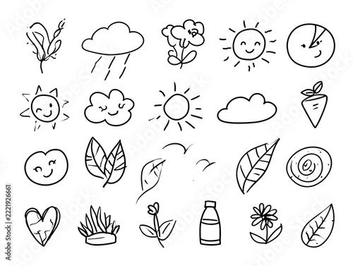 Hand drawn doodle weather and nature icons with sun, clouds, rain, leaves and flowers, black and white line art set