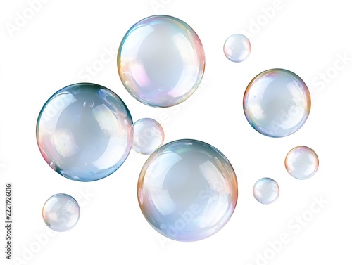 Transparent soap bubbles floating on white background, iridescent rainbow glass spheres, clean fresh macro photo