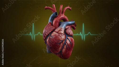 Detailed 3D human heart anatomy with red arteries, blue veins, and glowing EKG heartbeat line on dark grid background for cardiology concept
